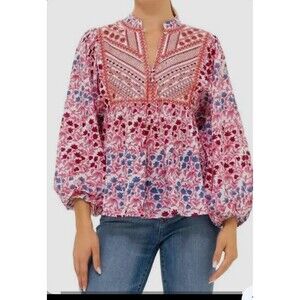Oliphant Tuckernuck Mandarin Balloon Sleeve Top Women's XS Embroidered Sequin